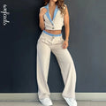 Wefads Two Piece Set Women Summer Fashion Patchwork Sleeveless V Neck Lapel Backless Button Top Straight Pants Sets Streetwear