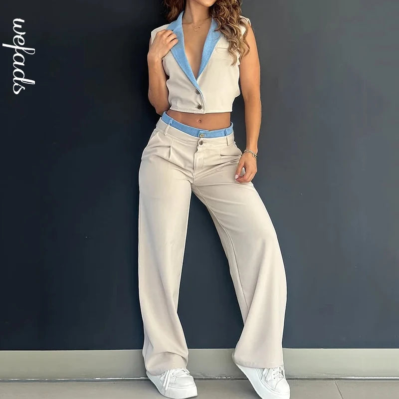 Wefads Two Piece Set Women Summer Fashion Patchwork Sleeveless V Neck Lapel Backless Button Top Straight Pants Sets Streetwear