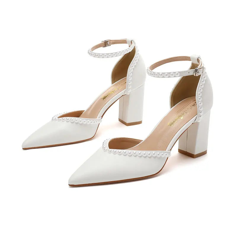 Size 34-48 Pointed Tie High Heels White Bridal Shoes Thick Heel Hollow Handmade Pearls Women's Wedding