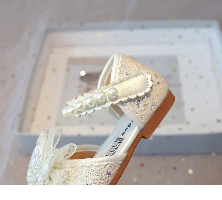 Chic Girls Dress Shoes for Wedding Party Bling Sequins with Rhinestone Butterfly Sweet Princess Chic Kids Flat Shoes Lace Beaded