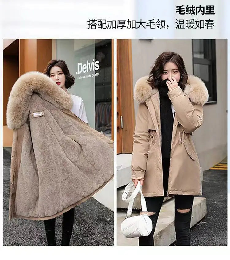 2025 Winter New Korean Edition Loose Thicken Cotton Jacket Women's Big Fur collar Hooded Coat Female Casual Warm Parker Overcoat