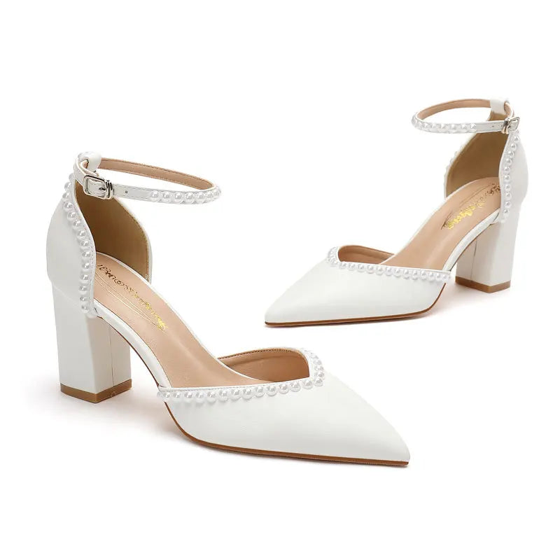 Size 34-48 Pointed Tie High Heels White Bridal Shoes Thick Heel Hollow Handmade Pearls Women's Wedding