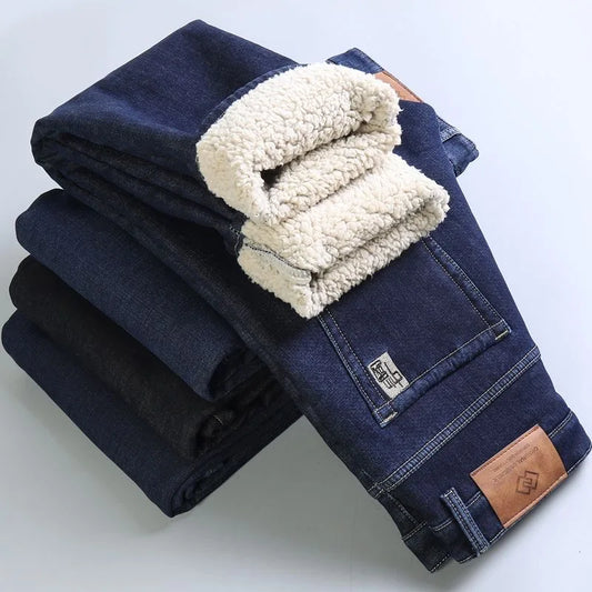 Winter New Fashion Trend Solid Color Plus Plush Thick Warm Jeans For Men's Casual Loose Sports Straight Leg Elastic Jeans 28-40