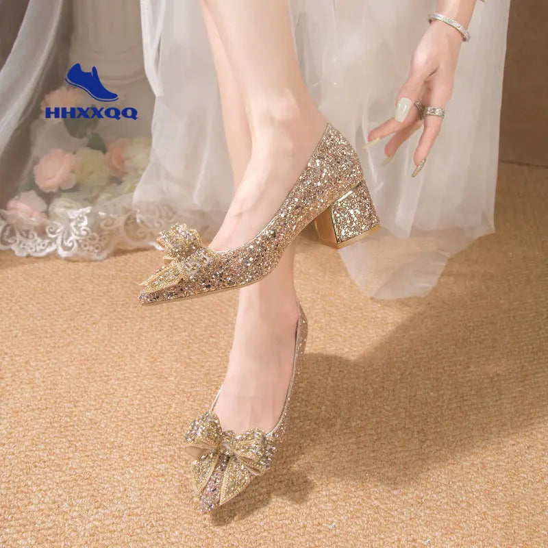 Wedding Shoes for Women 2024 Brand Fashion Women's High Heels Summer Pointed Toe New Crystal Butterfly-knot Bride Shoes
