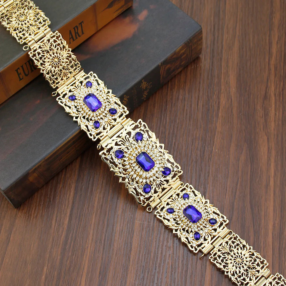 Sunspicems Gold Color Blue Crystal Morocco Caftan Belt For Women Algera Bride Wedding Belt Jewelry Decorative Waist Chain