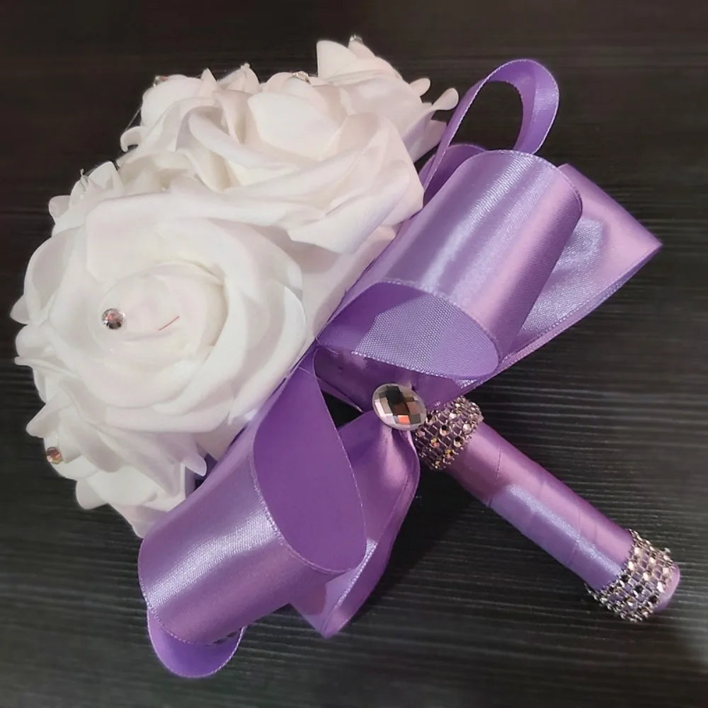 Romantic Rose Flower Bouquet PE Flower Satin Bridal Wedding Bouquet Simulation Artificial Rose Flower Bridal Wedding