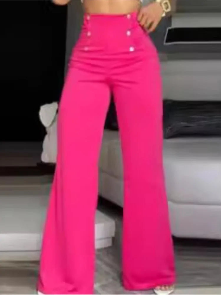 Elegant Casual  High Waist Wide Leg Pants Fashion Loose Button Long Pant Office Solid Spring Autumn Womens Clothing New Pant
