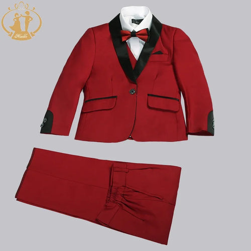 Boys 3-Piece Formal Suit Set – Blazer, Vest & Pants | Red, Black & Blue