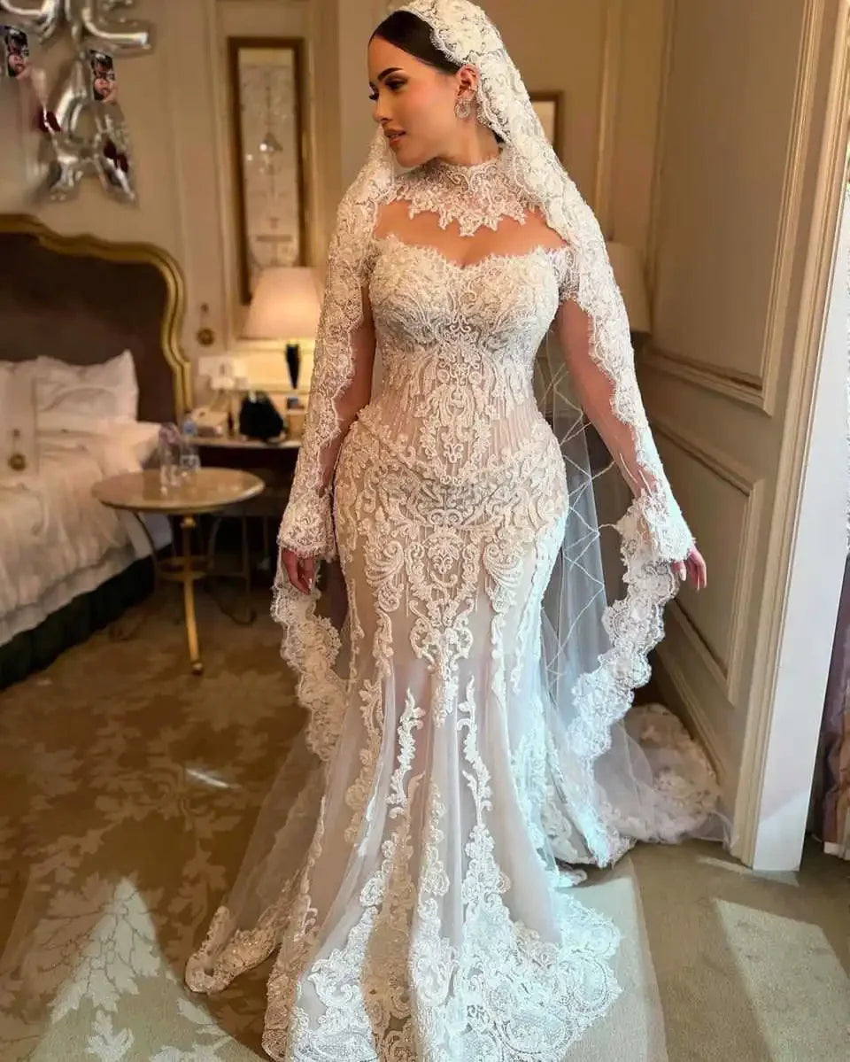 FW Vintage Mermaid Wedding Dresses High Neck Appliques Lace Long Sleeve Bridal Gown Sweep Train Customized Vestido De Noiva