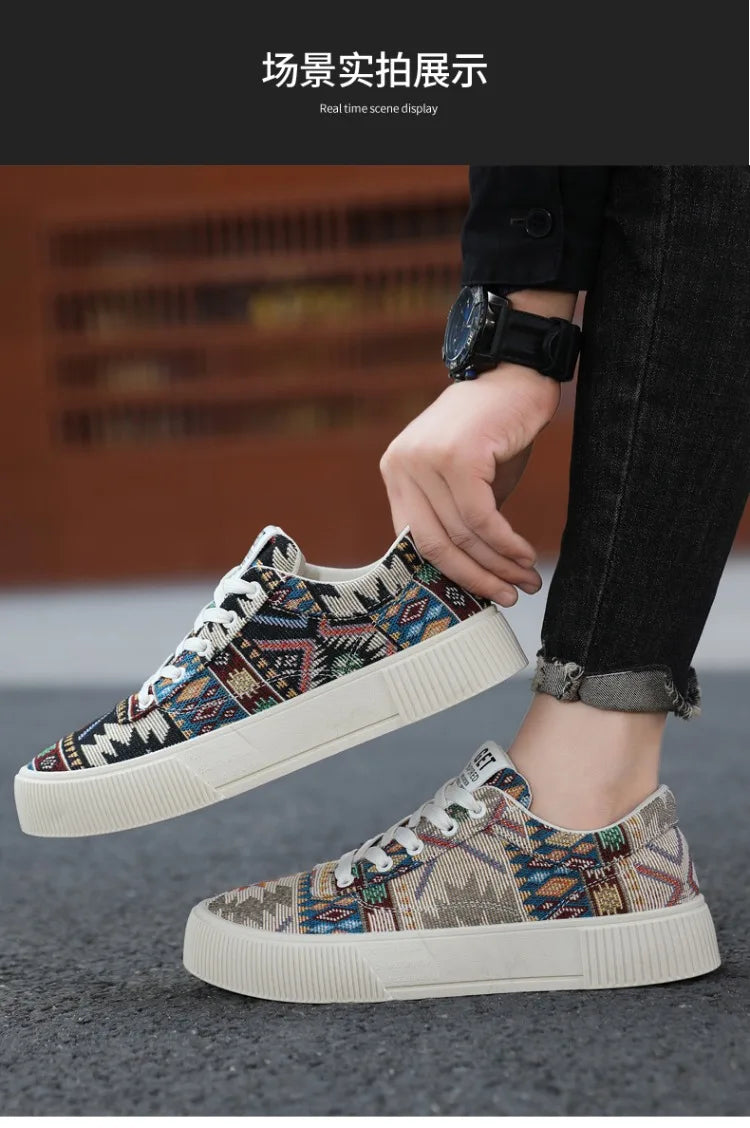 Sneakers Men 2025 New Spring and Autumn Ethnic Men's Shoe Low Top Retro Jacquard Flat Bottomed Board Shoes Oversized Mens Shoes