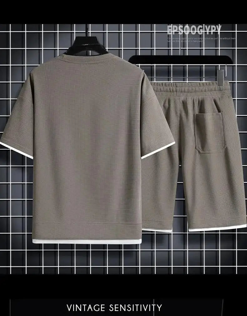 Mens Sports Suit Fashion Short Sleeve Tracksuit Men Suits Summer Men's Two Piece Set Linen Fabric Casual T-Shirt and Shorts Set