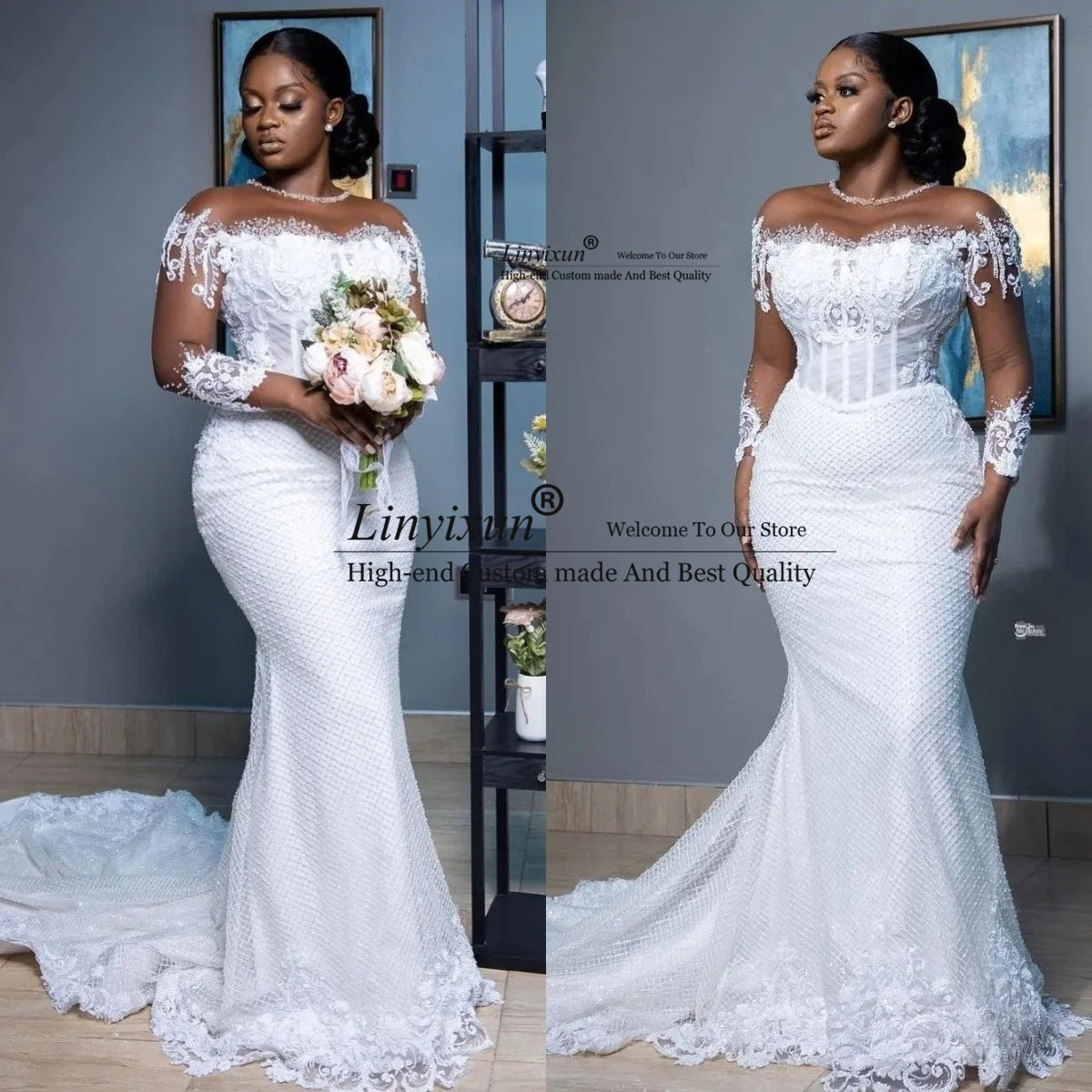Customized Mermaid Wedding Dresses For Bride Women Elegant Sheer Long Sleeves Bridal Gowns Lace Customized Vestido De Novia