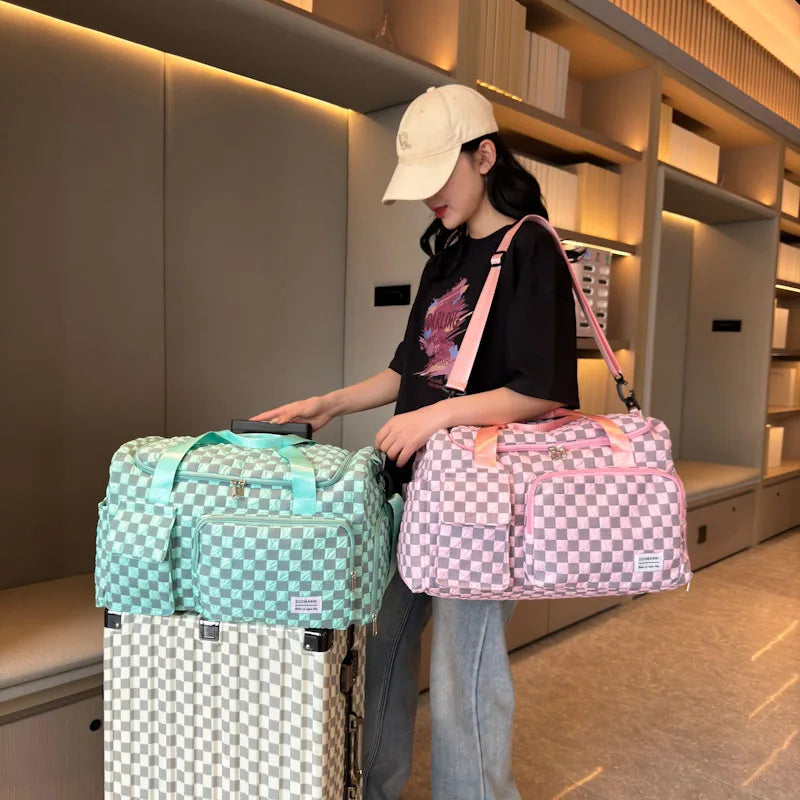 Fashion Large Capacity Checkerboard Pattern Duffle Handbag, Lightweight Travel Luggage Storage Bag, Portable Sports Fitness Bag