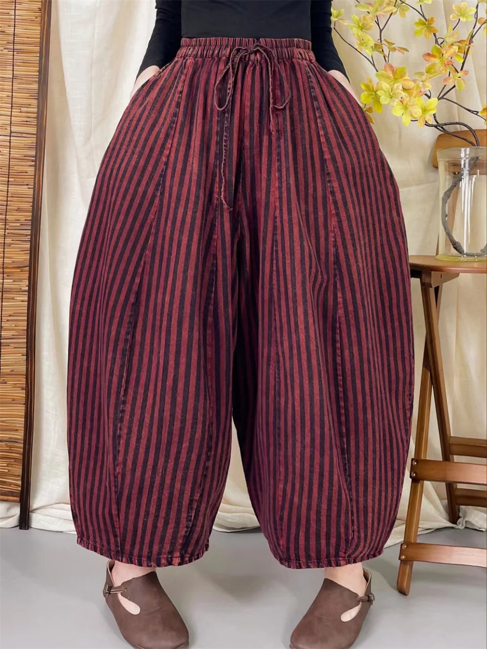 High Quality Cotton Linen Casual Pants Women New Arrival 2024 Autumn Vintage Style Striped Female High Waist Harem Pants M075