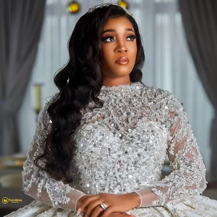 Gorgeousxx Sparkly Sequins Arabic Wedding Dress Long Sleeves African Bridal Gown Puffy Ruffles Dubai Robe De Mariage Customized