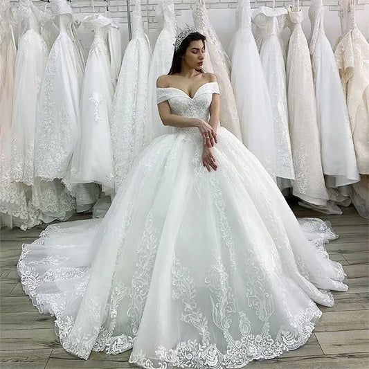 Off the Shoulder Luxury White Prinses Trouwjurk Lace Appliques Elegant Wedding Dresses For woman Bridal Gowns Vestido De Noiva