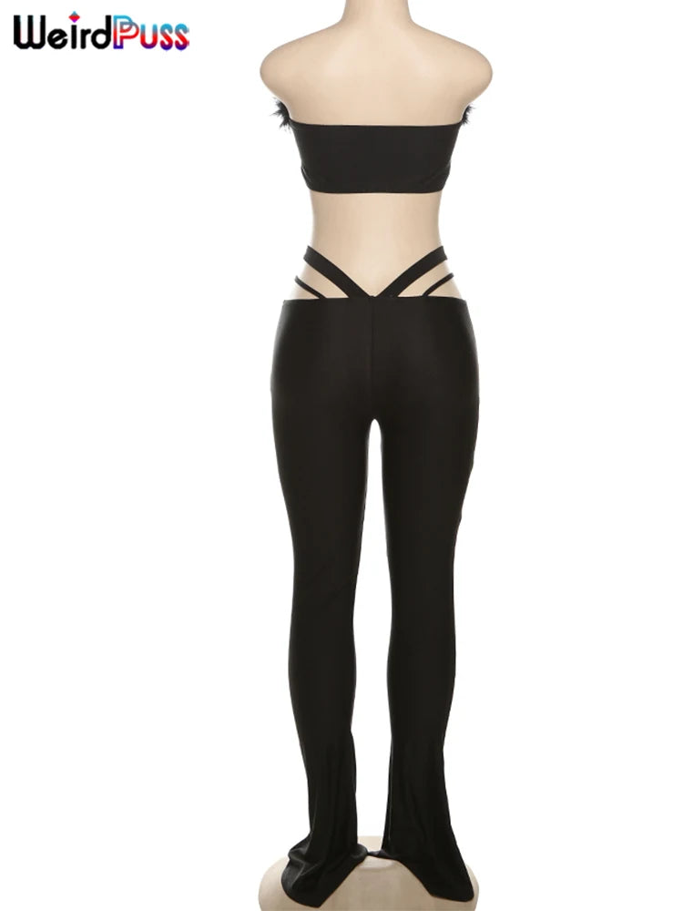 Weird Puss Sexy Women 2 Piece Set 2025 Summer Trend Feather Strapless Tops+High-Waisted Hollow Leggings Matching Clubwear Suits