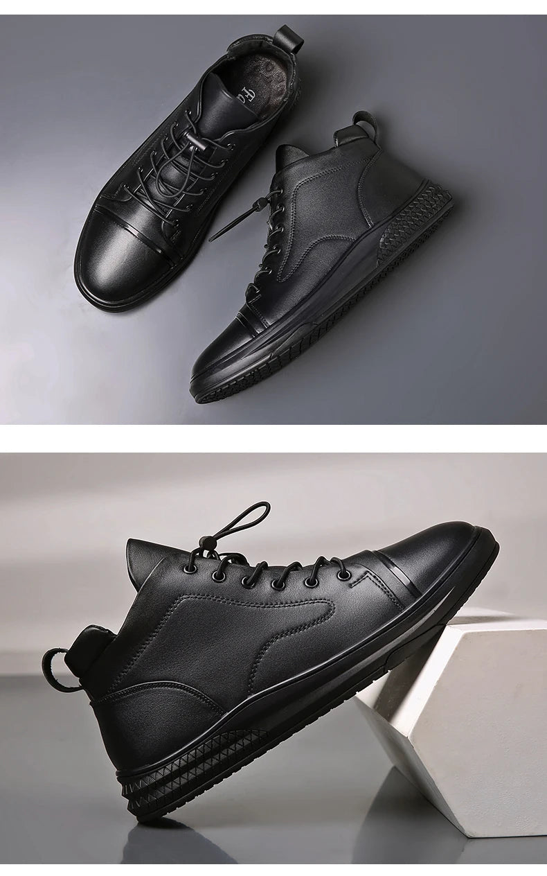 Genuine Leather Men's Casual Shoes Fashion High Top Sneakers Shoes Winter Wool Fur Warm Men Boots Outdoor Snow Non-Slip Footwear