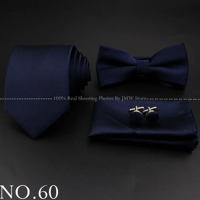 Hot Sale Red Blue Tie Set Polyester Slim Striped Necktie Bowtie Cufflink Brooch For Groom Suit Wedding Cravat Shirt Accessory