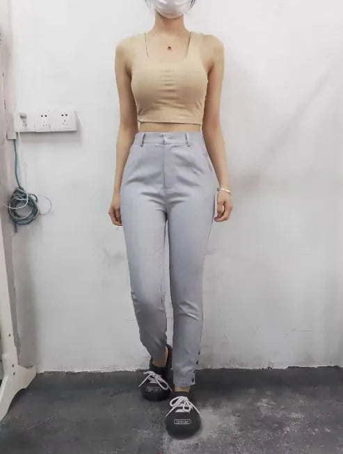 Winter Women's Work Pants 2024 Zipper Fly High Waist Piping Buttoned Pocket Slim Fit Work Elastic Waist Cuffed Pencil Trousers