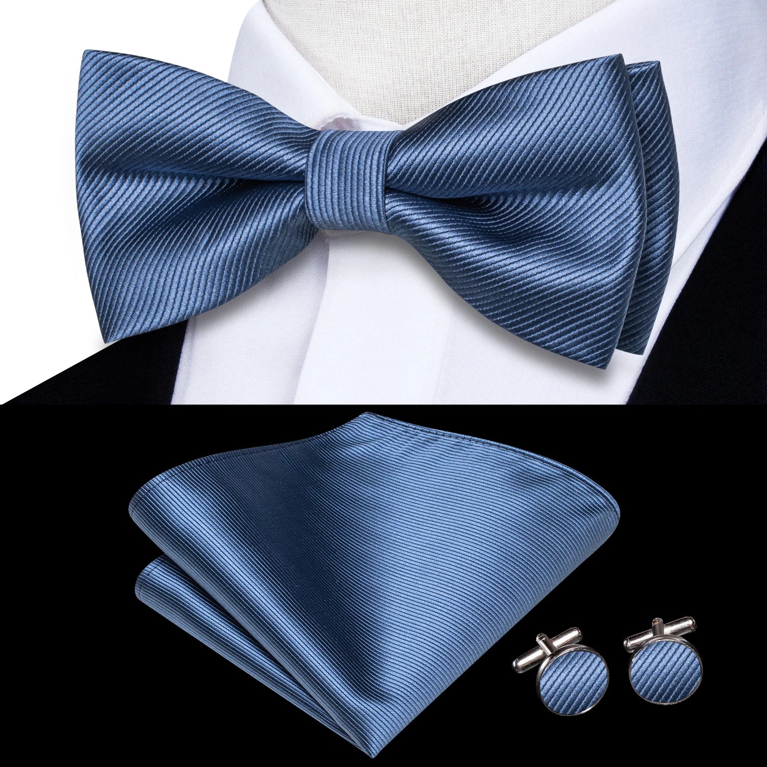 Hi-Tie Pink Dot Silk Mens Pre-tied Bow Tie Hanky Cufflink Set Dusty Pink Butterfly Knot Bowtie for Male Wedding Business