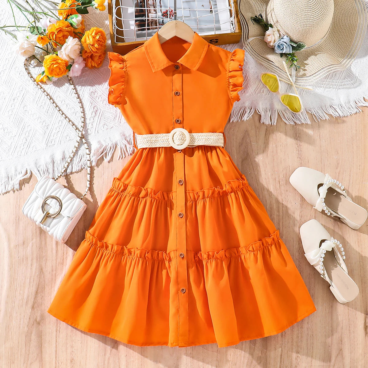 Girls' Sunset Orange Dress 2025 Summer New  Breathable Linen Blend with Woven Belt - Trendy Outdoor Kids Fashion