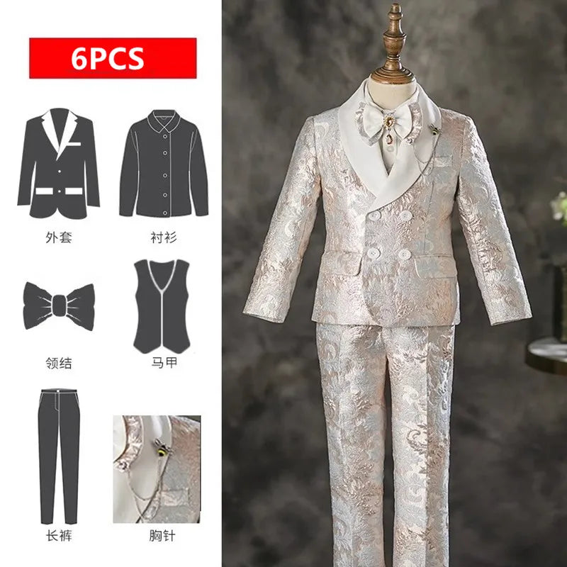 6PCS Children's Costume Sets New Handmade Flower Boy Host Piano Performance Blazer Traje De Niño Para Boda Boys Suits A4439