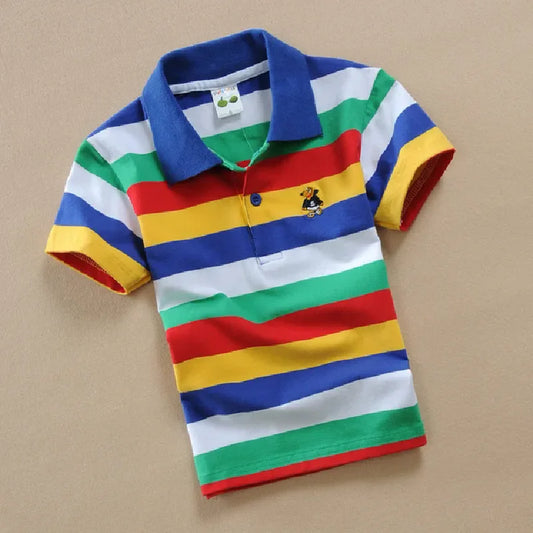 Boys T-shirt Summer Children Short Sleeve Stripe ClothingTees Cartoon Bear Embroidery Tops Kids Breathable Polo Shirt