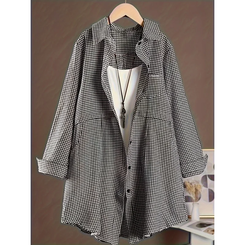 Plus Size New Korean Fashion Blouses Plaid Button Solid Midi Autumn Shirt Female All-match Loose Long Sleeve Polo-Neck Blouse