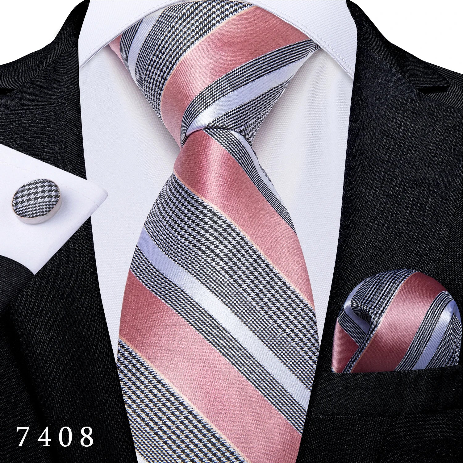 Solid Black Plaid Men's 8cm Polyester Neck Tie Handkerchief Cufflinks Set with Gift Box Tie Clip Birthday Anniversary Gift