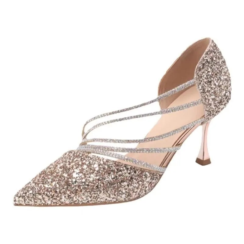Sexy Pointed Toe Champagne Ladies High Heels New Shiny Crystal Wedding Bridal Shoes Simple and Elegant Women's Dress Shoes