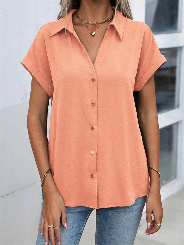 Classic Solid Color Short-sleeved Shirt Women's Summer New Casual Wind Tie Buckle Slim Short-sleeved Shirt Flip Collar Blouse