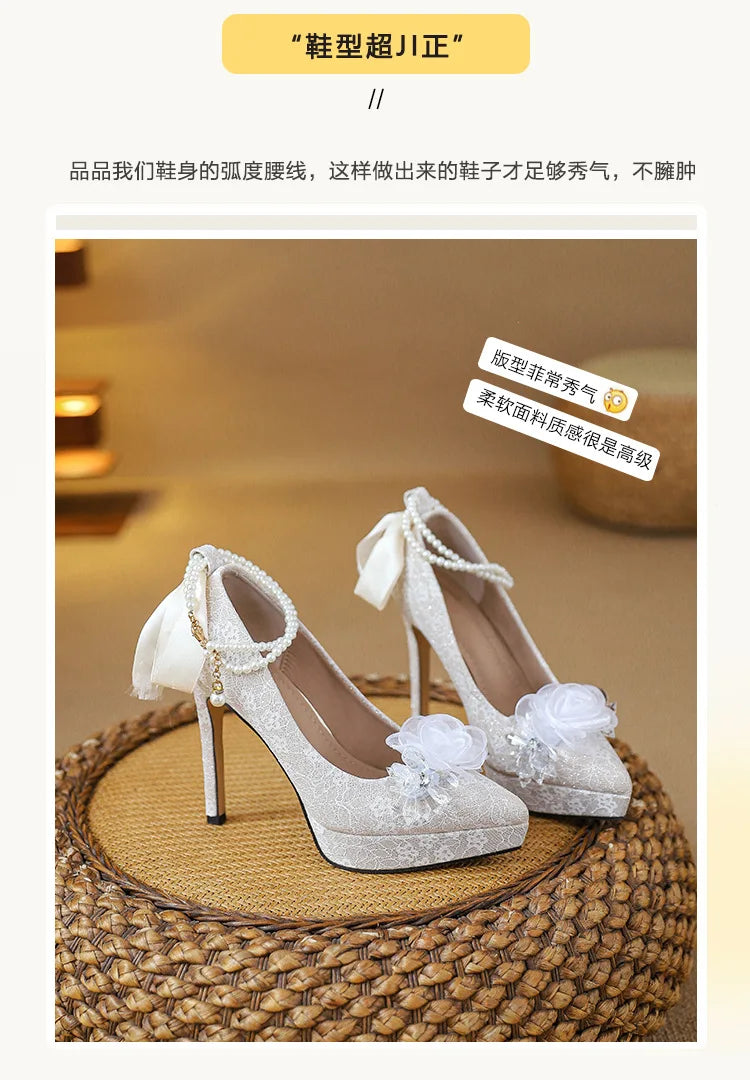 High heels, women's wedding shoes, Hexiu, two pairs of thick heels, beautiful ankle rings, pearl straps, bridal shoes