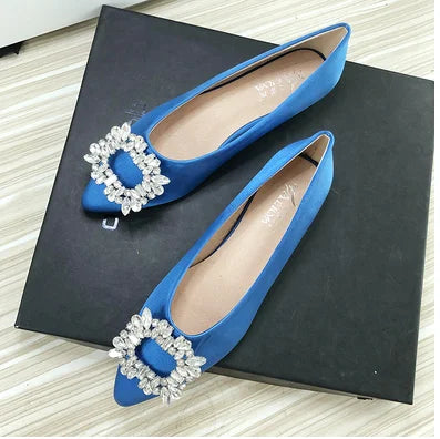 Women Green Blue Shoes Silk Null Plain Flats Pointed Toe Slip-On With Crystal Buckle Shallow Mouth Cute Retro Tacons  32-48 28cm