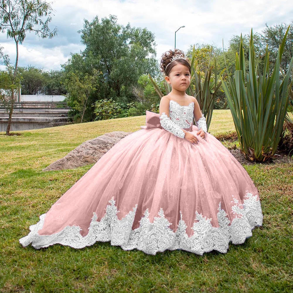Long Sleeves Flower Girl Dresses For Weddings Toddlers Satin Bow Ball Gown Pageant Dress Sparkly 1st Communion Party Gowns