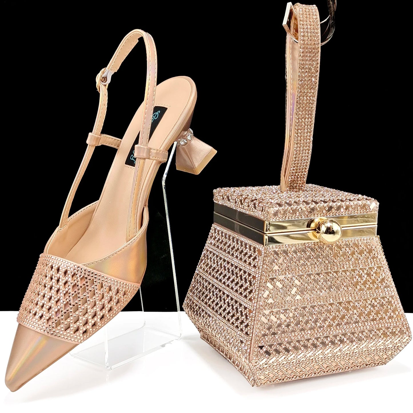 Newest Elegant Mature Style Black Color Party Wedding High Heel Pointed Toe Women Shoes and Bag full of Sequins Decoration