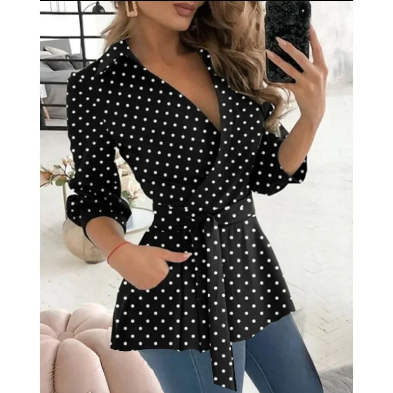 Plus Size Women's Spring/Summer Commuter Elegant Long Shirt Fashion Printed Shirt Long Sleeved Solid Color Lapel Belt Shirt