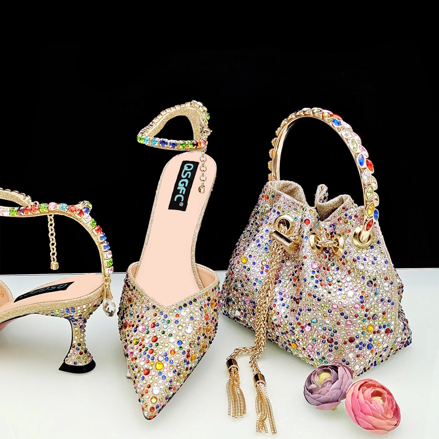 QSGFC New Gold Glitter Fabric Pointed Toe High Heels With A Variety Of Shapes Of Rhinestones Fashion Party Ladies Shoes And Bag