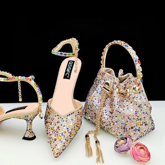 QSGFC New Gold Glitter Fabric Pointed Toe High Heels With A Variety Of Shapes Of Rhinestones Fashion Party Ladies Shoes And Bag