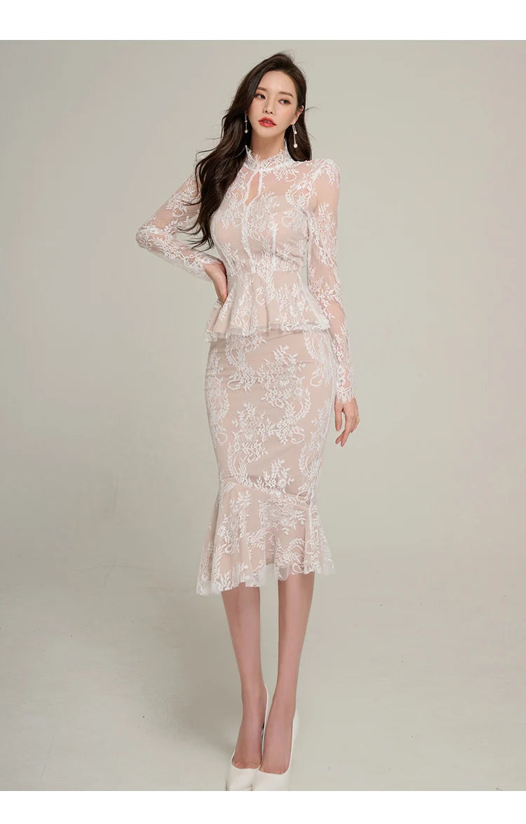 Spring Professional Woman Lace 2 Pieces Set Simple Tops + Vintage High Waist Mermaid Skirt Korean Skirts Suits