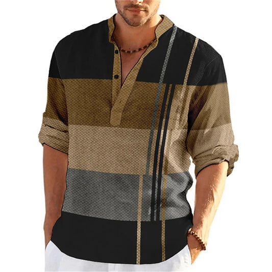 Tiki Spring Autumn Men's Shirt Button Stand Collar Print Gradual Change Business Slim Casual Long Sleeved Shirt Flash Sales