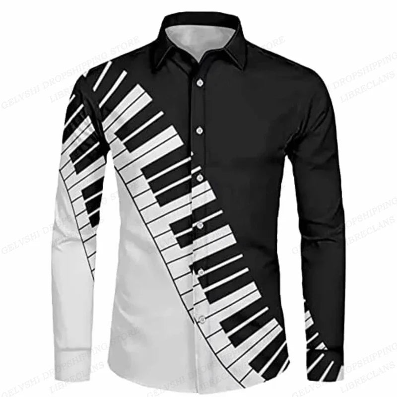 Long Sleeve Hawaiian Shirts Men Fashion Music Hawaii Shirt Instrument Beach Blouses Single Breasted Camisas Men's Clothing Aloha