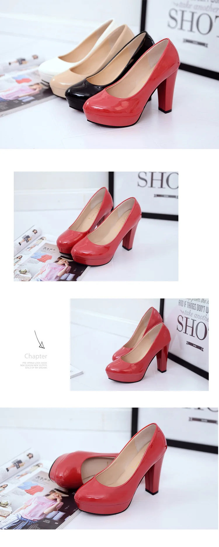 High Heels Shoes Women White Wedding Shoes Thick 10 CM Heels Fashion Party Pumps Footwear Black Red Round Zapatos De Mujer
