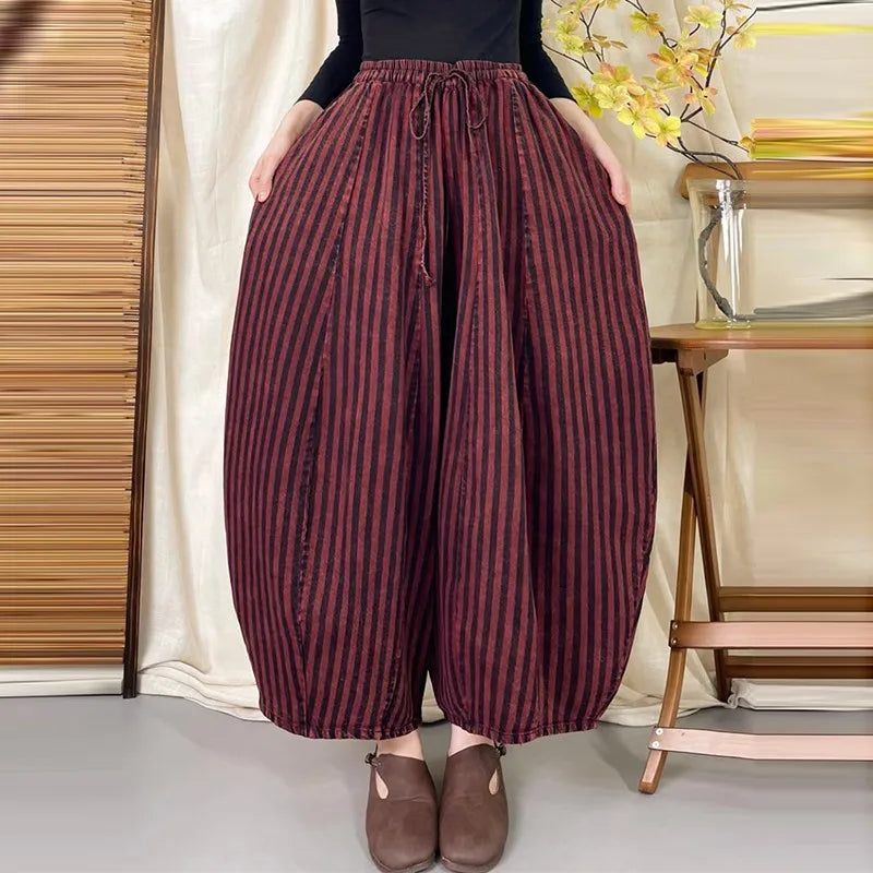High Quality Cotton Linen Casual Pants Women New Arrival 2024 Autumn Vintage Style Striped Female High Waist Harem Pants M075