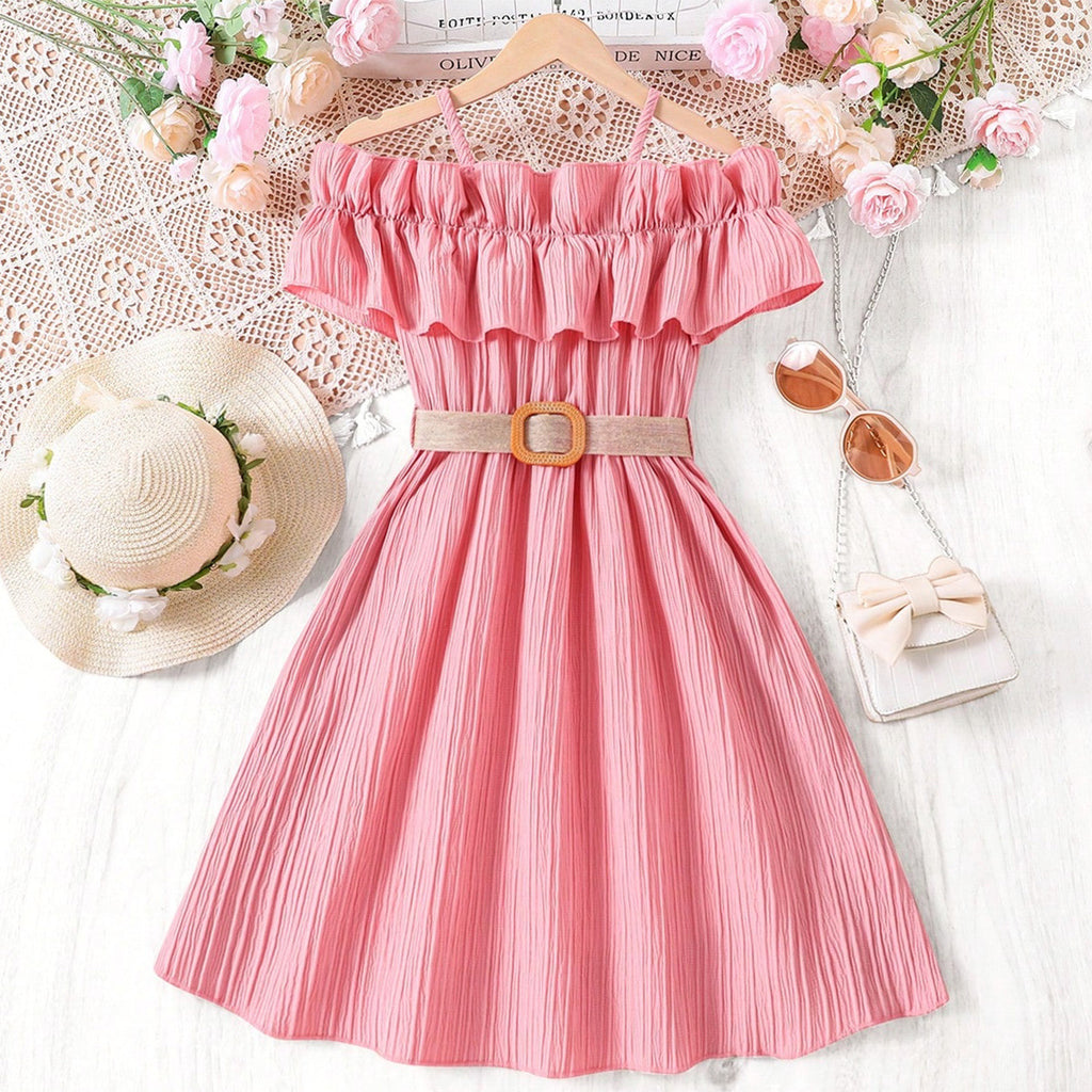 Summer Girl Dress Off Shoulder Fashion Girl Clothes Teenager Beach Dress with Belt Kid Outfits Children Clothing Plus Size Teens