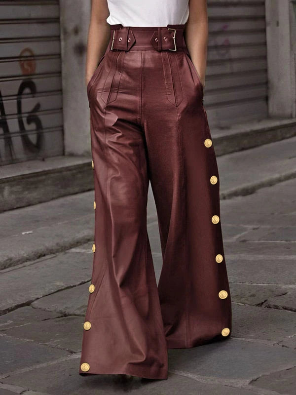 Modigirl Fall Spring Women's Black Faux Pu Wide Leg Pants Pleated Button Streetwear High Waisted Floor-length Trousers for Woman