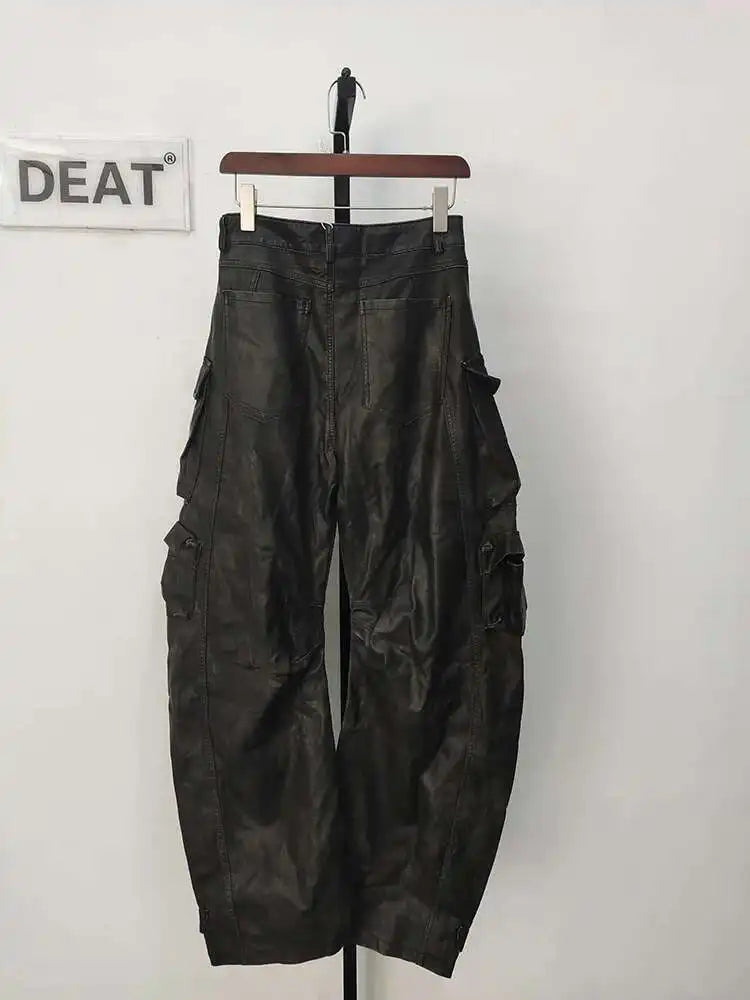 DEAT Multi Pocket Design Vintage PU Leather Pants For Women High Waist Single Button Cargo Trousers 2024 Autumn Female 11XX5286