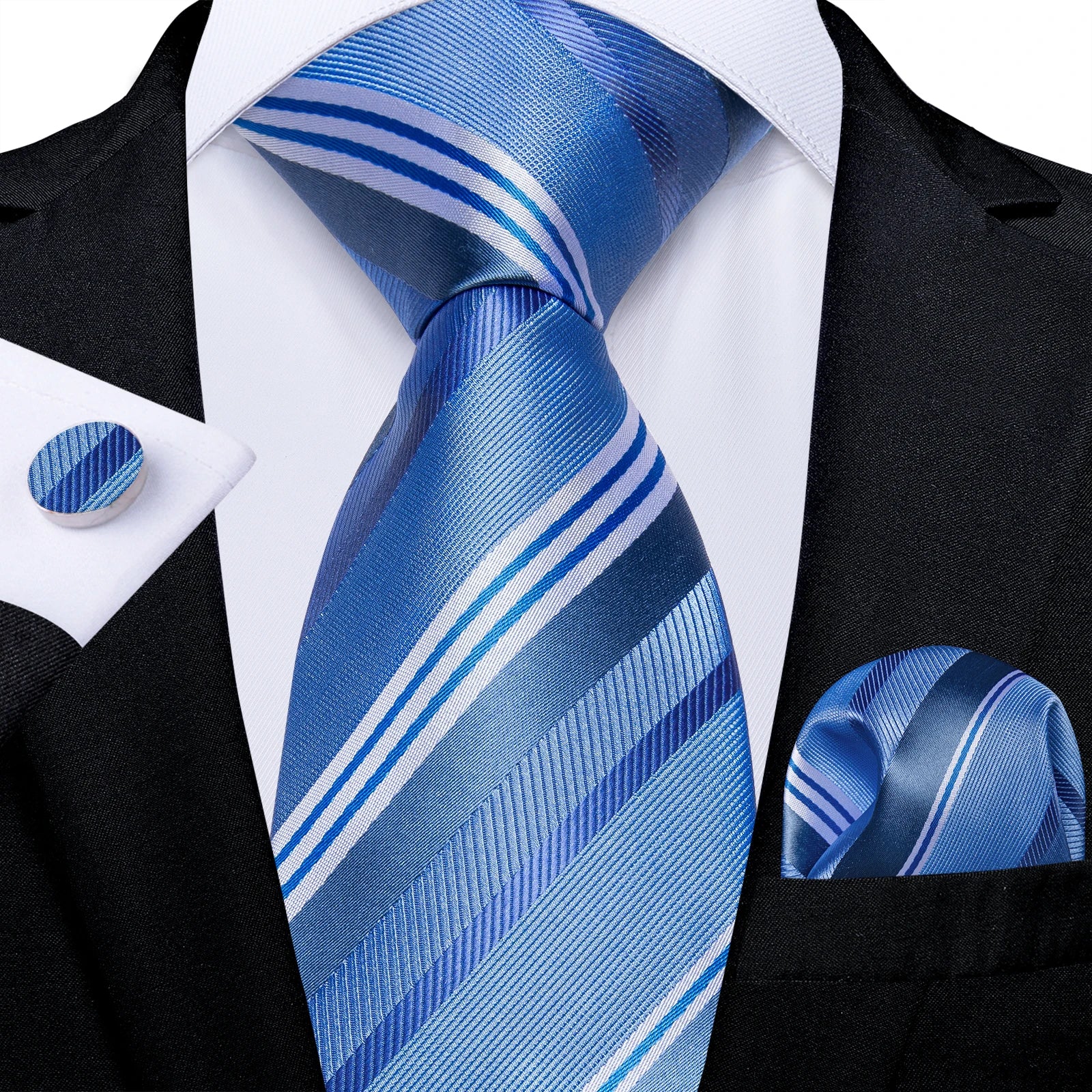 Light Blue Men's Tie Set Handkerchief Cufflinks Solid Paisley Floral Wedding Party Formal Groom Suits Accessories Gift Husband
