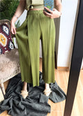 Miyake Pleated Black High Waist Split Side Straight Pants Women Causal Loose Cropped Trousers