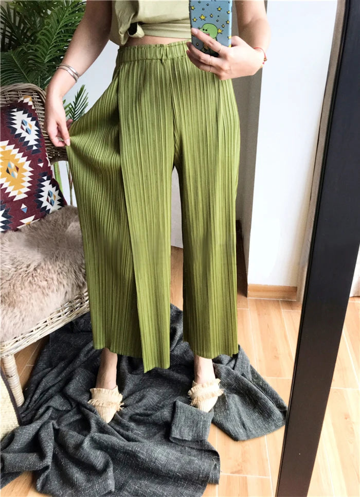 Miyake Pleated Black High Waist Split Side Straight Pants Women Causal Loose Cropped Trousers